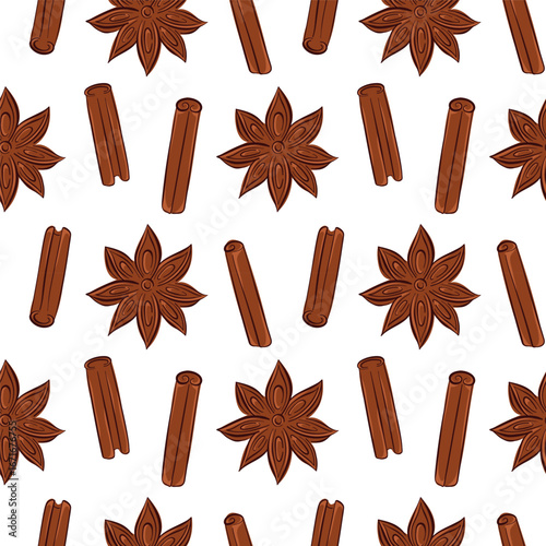 Seamless pattern of star anise and cinnamon stick in flat style on white background. Perfect for spice store, recipe design or botanical themed culinary project.