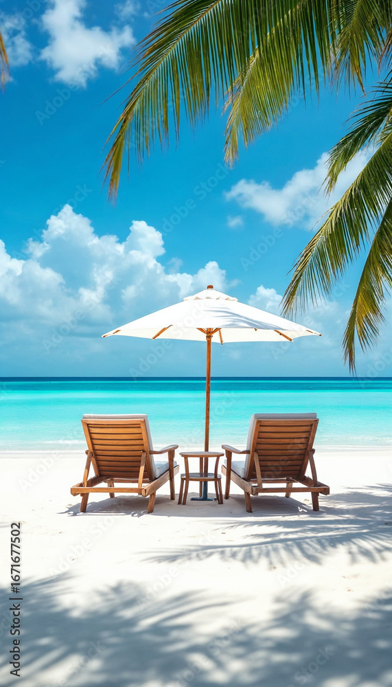 Fototapeta premium Wide shot of a beach with chairs and umbrella. 