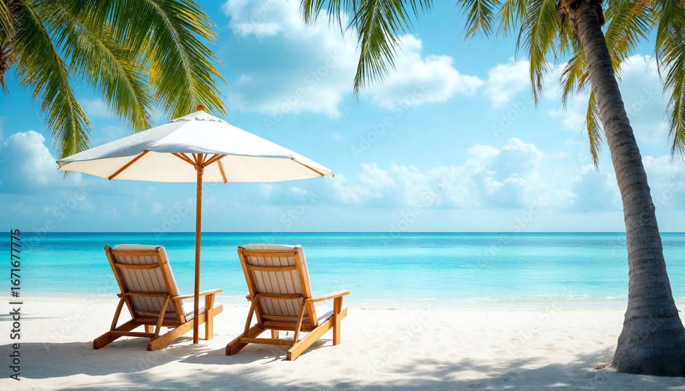 Fototapeta premium Wide shot of a beach with chairs and umbrella. 