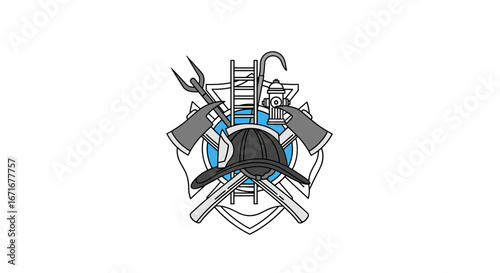 Modern firefighter emblem featuring crossed tools helmet ladder and hydrant symbolizing courage and dedication