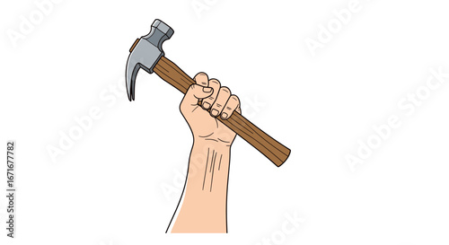 A person gripping a hammer tightly raising it high above their head in a powerful demonstration of strength