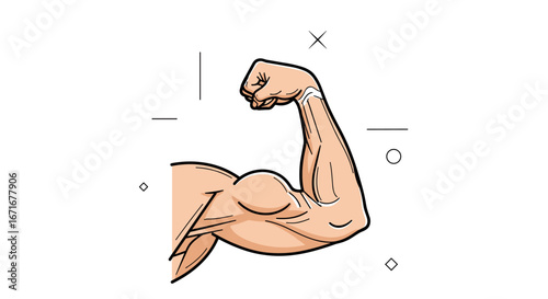 Illustrative drawing of a muscular human arm flexing showing biceps and triceps muscles for fitness and bodybuilding concepts