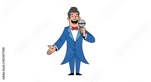 Joyful cartoon man in a blue tuxedo and red bowtie holding a microphone and gesturing with his hand