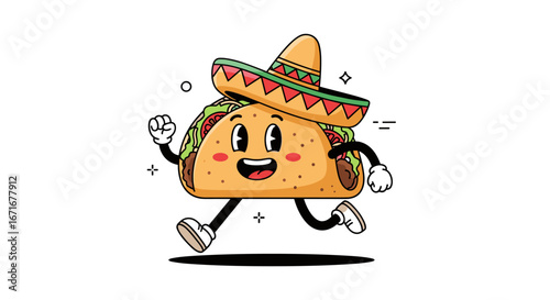 A joyful taco wearing a festive sombrero happily prances with its arms outstretched and legs in motion