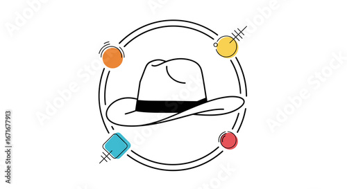 Stylish fedora hat illustration with whimsical floating orbs and lines creating a creative artistic composition