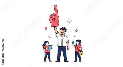 Enthusiastic fan celebrating victory with a giant foam finger and excited friends understanding the joy of sports together