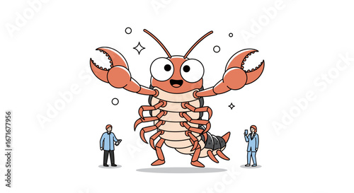 Giant terrifying isopod creature appears next to two small amazed scientists studying the ocean