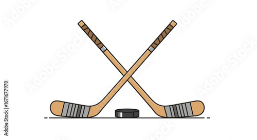 Two wooden hockey sticks crossed over a black puck on a white background minimalist sports graphic