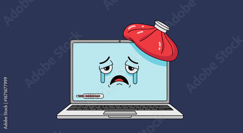 Cartoon laptop with sad face and ice pack feeling sick and unwell concept illustration