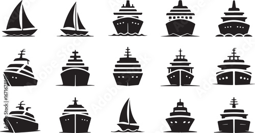 Ship and marine boat black silhouette set