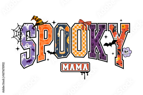 Spooky Mama Retro Halloween Design. Groovy varsity font for a mom's t-shirt or sublimation. Spooky season graphic with ghosts and pumpkins