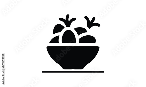 Simple icon of a bowl filled with fresh fruits and green leaves for healthy food and lifestyle white background