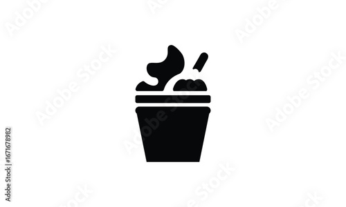 Stylized black icon of a paper cup filled with whipped cream and a spoon representing desserts and treats white background