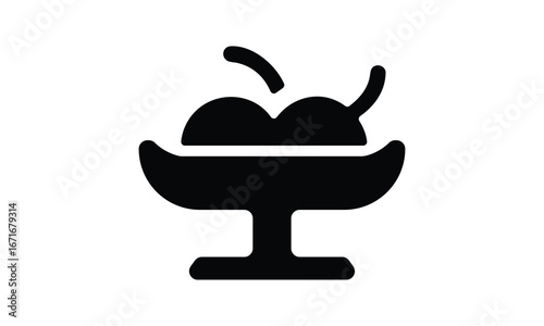 Simple black silhouette icon of delicious ice cream sundae with cherries in a classic glass bowl white background