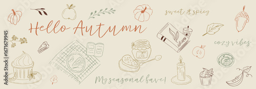 Harvest cottagecore texture doodle banner for autumn and thanksgiving design. Harvest autumn fall doodle.