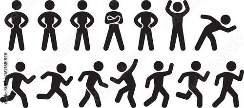 stick figure, set of icons people, basic movement, man poses, pictogram human silhouettes