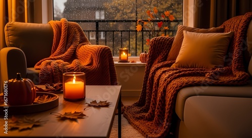 Cozy autumn living room scene with warm blankets, lit candles, and pumpkins, set against a rainy window view.