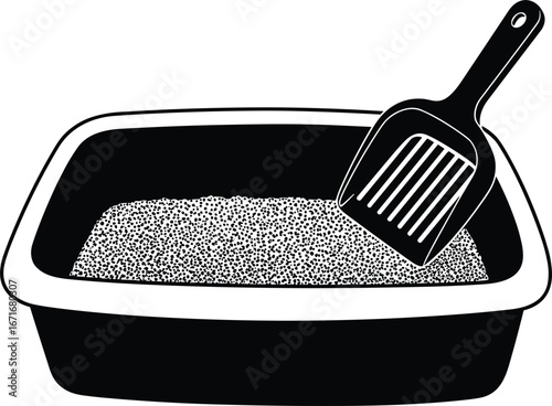 Vector illustration of a cat litter box with scooper, ideal for pet care, hygiene, cleaning products, and veterinary graphic designs.
