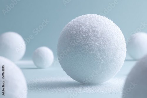 Crisp, close-up view of several textured white spheres on a light blue backdrop. Soft diffused light highlights the spherical forms and subtle shadows