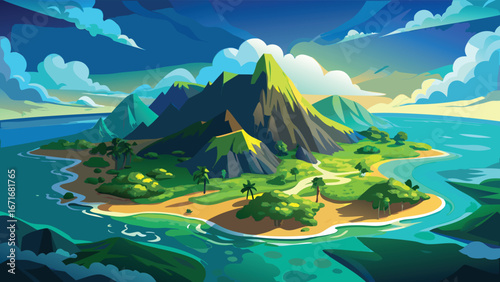 Landscape with mountains and sea. Cartoon vector illustration for game design