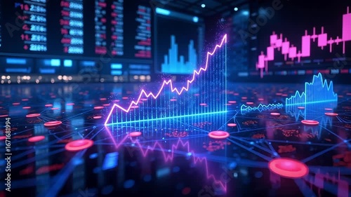 Rising stock market chart pulsing with data, showing upward economic trend in the financial sector