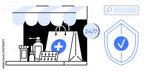 Pharmacy bag with medical supplies outside a store, 247 sign, shield with checkmark, and search bar. Ideal for healthcare, security, online shopping, convenience, trust delivery simple landing page