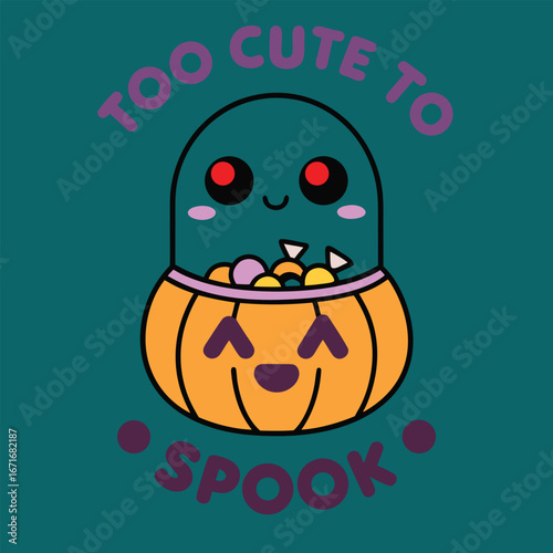 Adorable kawaii ghost in a jack o lantern candy bucket saying too cute to spook
