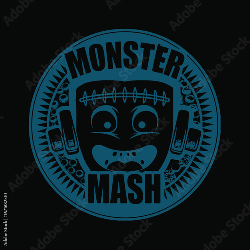 Retro monster mash halloween graphic with frankenstein face and spooky typography