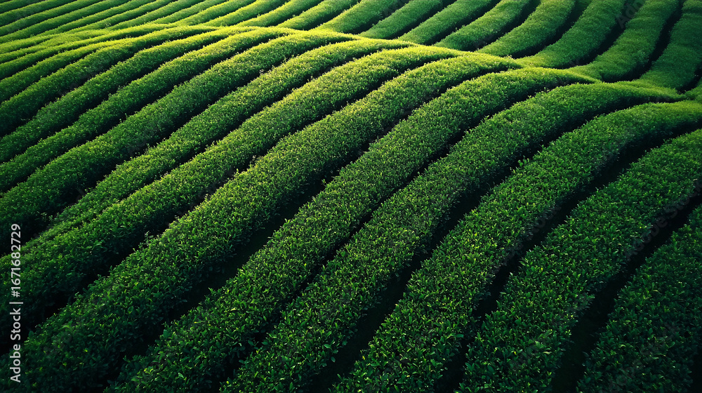 Fototapeta premium tea plantation in early morning, graceful green lines of the tea farm in the morning,Generative ai
