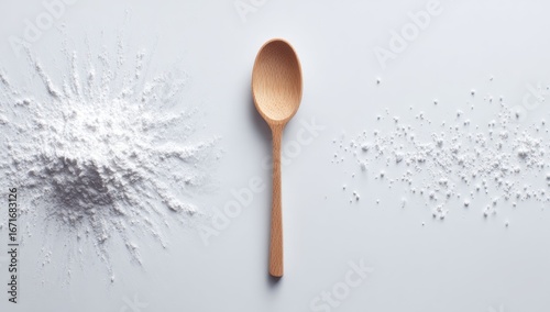 Powdered substance & light wood spoon on a white surface with splatters