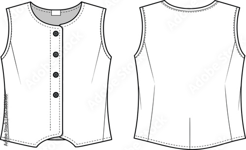 Women’s sleeveless vest technical flat sketch front and back view, button up waistcoat design with round neckline and tailored fit.