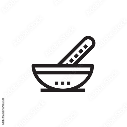 A simple black outline drawing of a mortar and pestle.