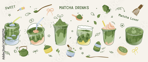Matcha Green tea drinks set element design with cartoon doodle. Set of matcha latte, green tea iced, glass, matcha powder, whisk, spoon. Vector illustration for logo, promotion, marketing, menu, ads.