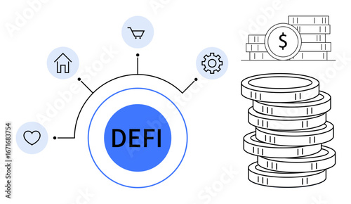 Decentralized finance symbol connected to icons of heart, home, shopping cart, and gear. Features a stack of coins and a dollar sign, representing finance, innovation, and digital solutions. Ideal
