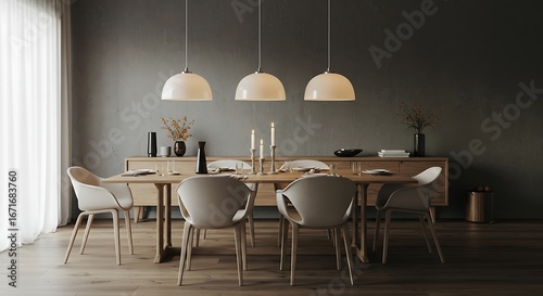 Modern dining room features a wooden table with chairs and pendant lights against a dark gray wall, creating a stylish and inviting atmosphere for gatherings.