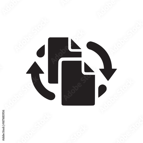 Black and white image of two paper sheets with corners and arrows in a circular motion around them