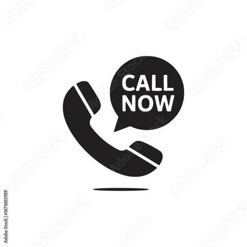 A black and white illustration of a phone receiver with a call now speech bubble icon next to it