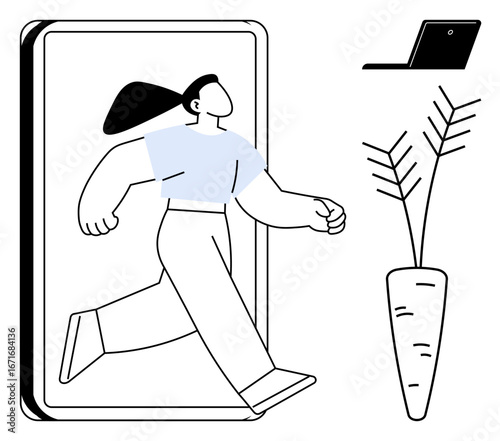 Woman stepping out of a tablet, carrot on the side representing growth, and laptop symbolizing work. Ideal for technology, creativity, growth, innovation, progress mobility sustainability. Simple
