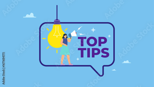 Woman talk on megaphone on top tips speech bubble. Did you know, fun fact, idea or advice message, useful knowledge or wisdom, expert information, explanation or solution, useful tips.