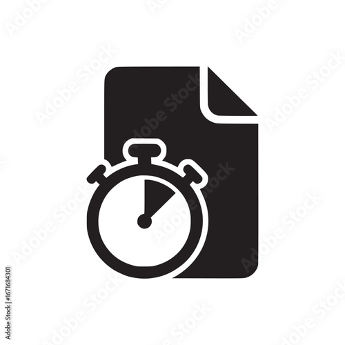 Black and white icon of a document with a folded corner and a stopwatch in front of the document