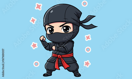 Chibi Ninja in Fighting Stance with Kawaii Stars