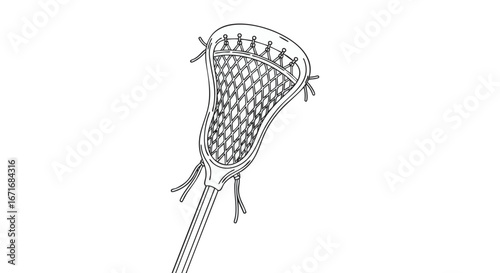 Minimalist line art illustration of a lacrosse stick crosse with a mesh pocket, isolated on a white background