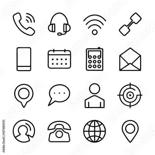Outline icons depict diverse communication modes, from phone calls to global network connections displayed