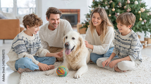 joyful family gathers around beautifully decorated christmas tree playing with their beloved dog
