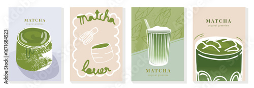 Matcha Green tea drinks background template design set. Poster of beverage, matcha latte art, green tea iced, tea ceremony. Vector illustration for logo, promotion, marketing, menu, ads.