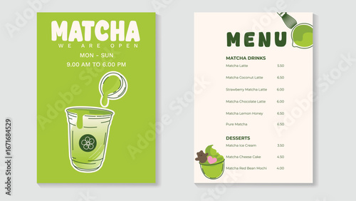 Matcha Green tea drinks cafe menu template design set. Poster of green tea menu list, matcha drink, beverage, dessert. Vector illustration for logo, promotion, marketing, cards, ads.