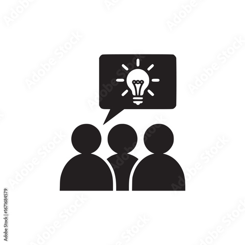 Illustration of three people with a lightbulb in a speech bubble above their heads in black and white