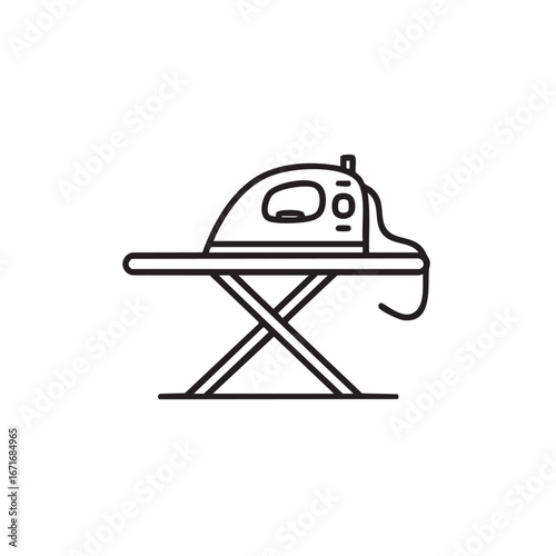 A simple line drawing of an iron on an ironing board.