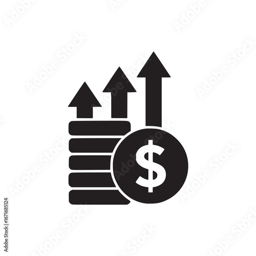 Black and white graphic of stacked coins with dollar sign and upward pointing arrows illustration