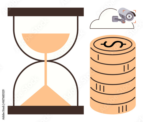 Hourglass symbolizing time, stacked coins representing money, cloud-connected security camera for monitoring. Ideal for savings, financial security, time management, investment, surveillance